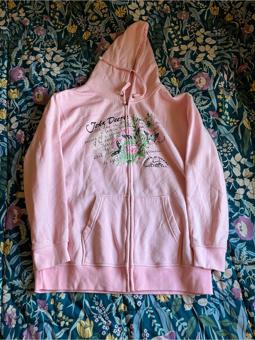 John Deere Pink Floral Zip-Up Hoodie Women’s Size XL